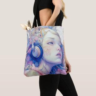 Cute Girl with Headphone Music Modern Artwork Tote Bag