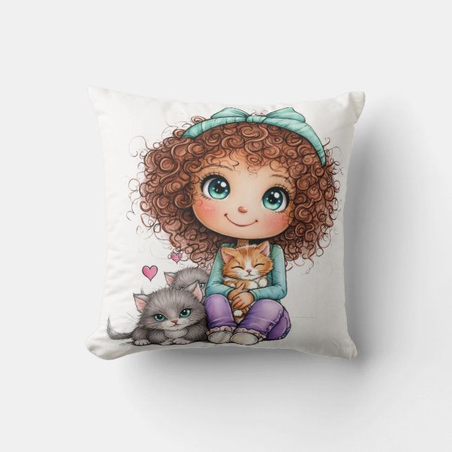 Cute Girl with Kittens Kawaii Cozy Art Cushion (Front)