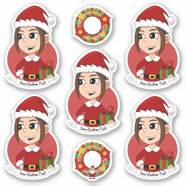 Cute girl with long brown hair Christmas cartoon S (Front)