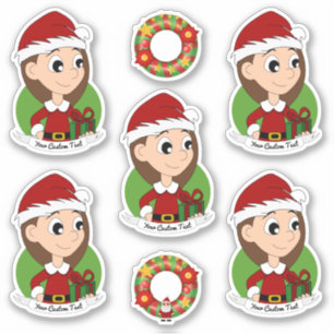 Cute girl with long brown hair holiday cartoon sti