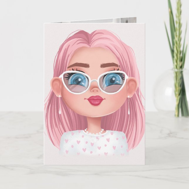 cute girl with pink hair birthday card (Front)