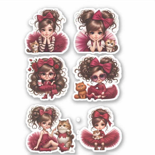 Cute Girl with Red Bow and Kitten Sticker Set  (Front)