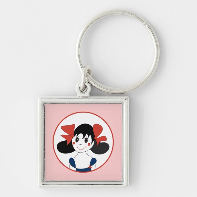 Cute Girl with Red Bows Kids Illustration Key Ring (Front)
