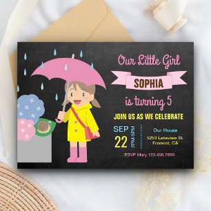 Cute Girl with Umbrella Rainy Birthday Party Invitation