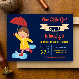 Cute Girl with Umbrella   Rainy Day Birthday Party Invitation