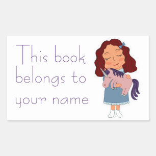 Cute girl with unicorn bookplate template sticker