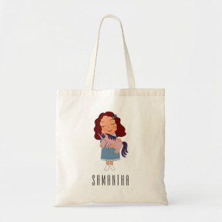 Cute Girl with Unicorn Personalised Name Kid's Tote Bag
