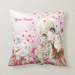 Cute girl with white cat on pink flowers field cushion