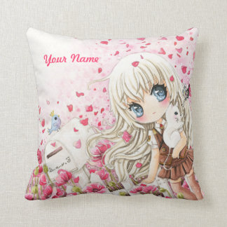 Cute girl with white cat on pink flowers field cushion