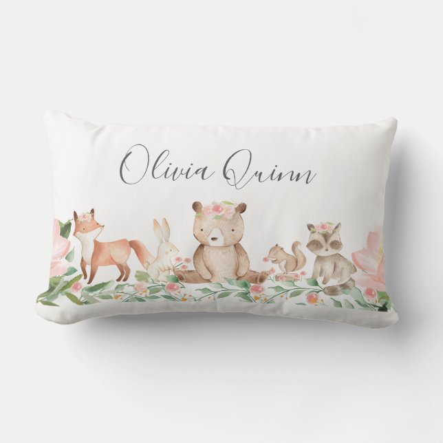 Cute Girl Woodland Animals Pink Baby Lumbar Cushion (Front)