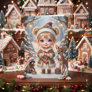 Cute Girl Woodland Themed Colouring Page Christmas Card