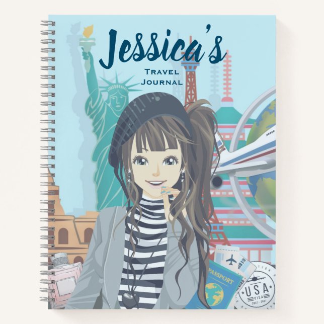 Cute Girl World Travel Illustrated Personalised Notebook (Front)