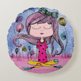 Cute Girl Yoga Illustration Round Throw Pillow