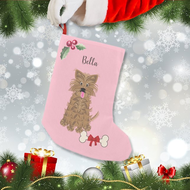 Cute Girl Yorkie Dog Pink Monogram Small Christmas Stocking (Creator Uploaded)