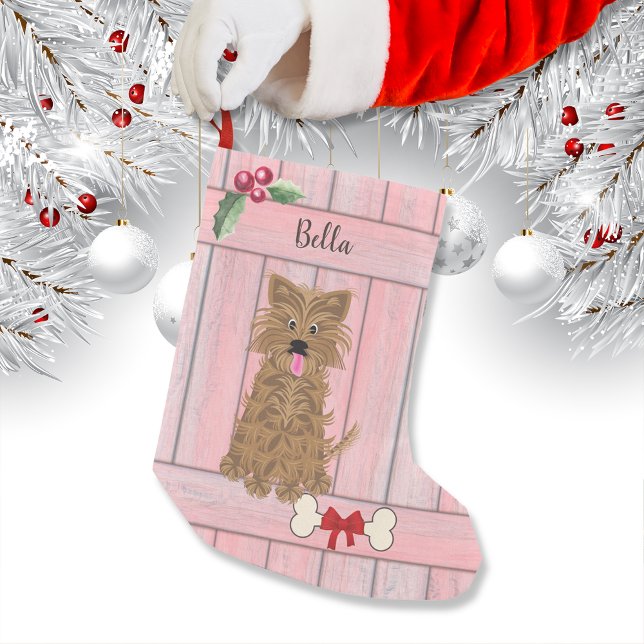 Cute Girl Yorkie Pink Wooden Fence Monogram Small Christmas Stocking (Creator Uploaded)
