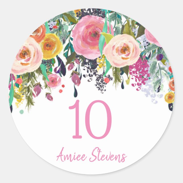 Cute Girls 10th Birthday Party Pink Flower Peach Classic Round Sticker (Front)