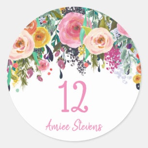 Cute Girls 12th Birthday Party Pink Flower Peach Classic Round Sticker
