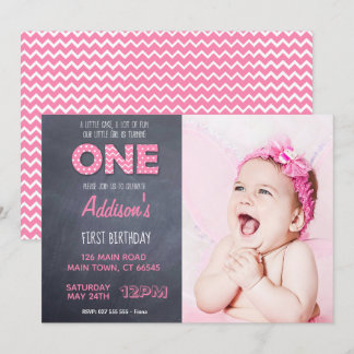 Cute Girls 1st Birthday Pink Chalkboard Invitation