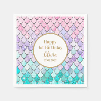 Cute Girls 1st Mermaid Birthday Party Birth Date Napkin