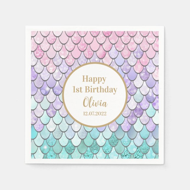Cute Girls 1st Mermaid Birthday Party Birth Date Napkin (Front)