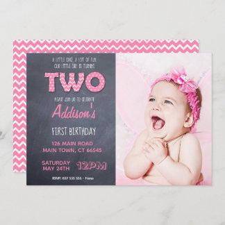 Cute Girls 2nd Birthday Pink Chalkboard Invitation