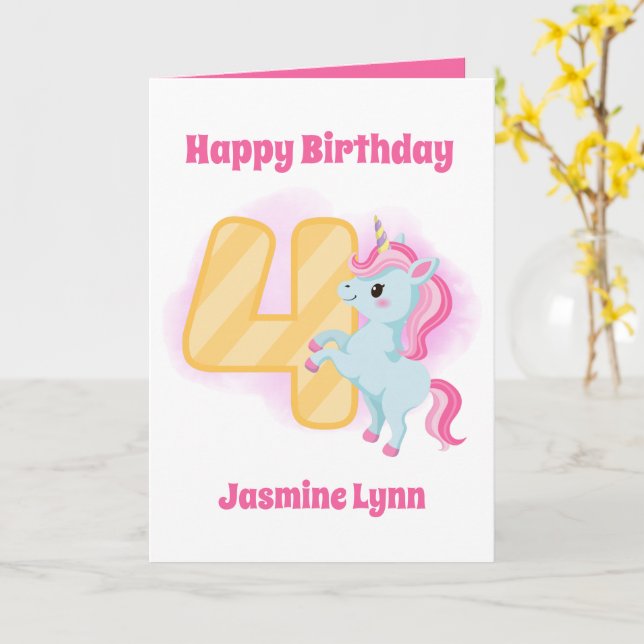cute girls 4th Birthday unicorn add name sentiment Card (Yellow Flower)