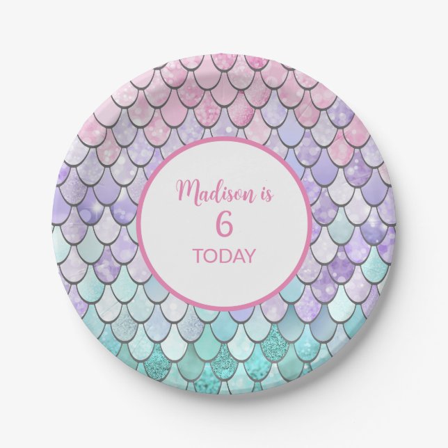 Cute Girls 6th Birthday Mermaid Theme Party Paper Plate (Front)