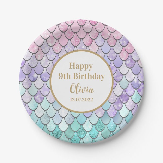 Cute Girls 9th Birthday Mermaid Party Birth Date Paper Plate (Front)