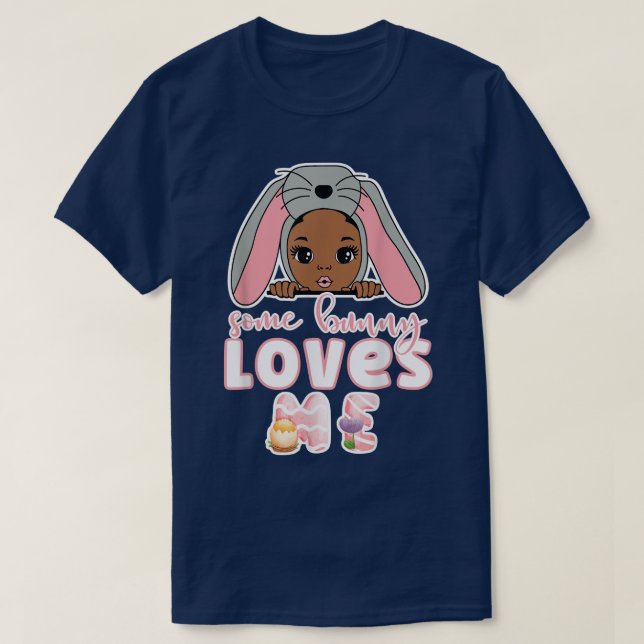 Cute Girls African American Easter Bunny Loves Me  T-Shirt (Design Front)