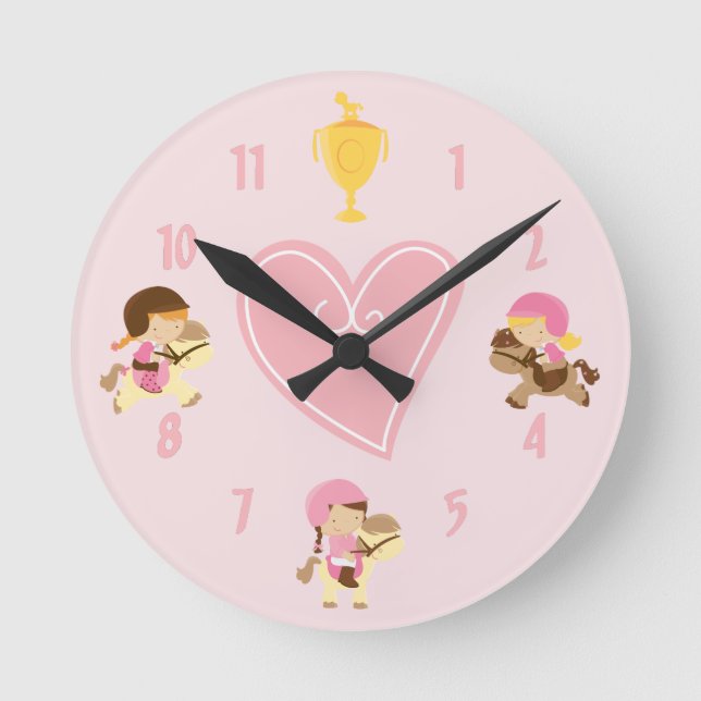 Cute Girls and Ponies with English Tack Pink Horse Round Clock (Front)