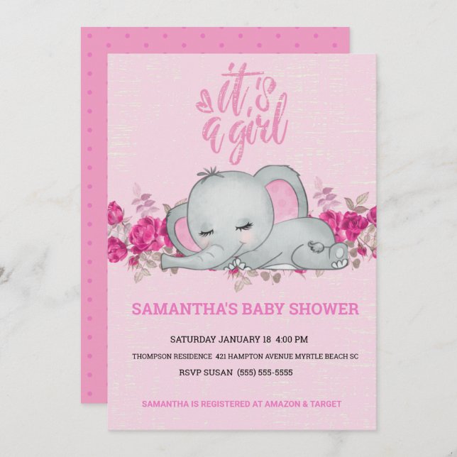 Cute Girls Baby Elephant Sleeping Floral Pink  Invitation (Front/Back)