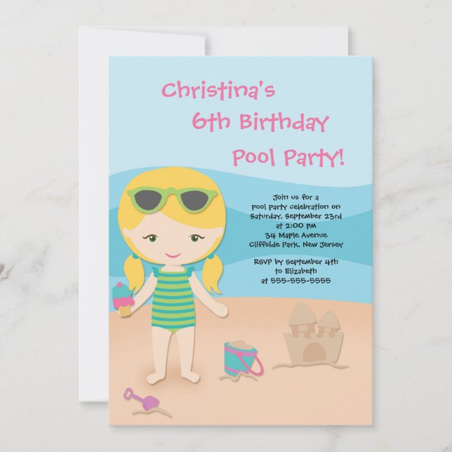 Cute Girls Beach Party Birthday Party Invitations (Front)