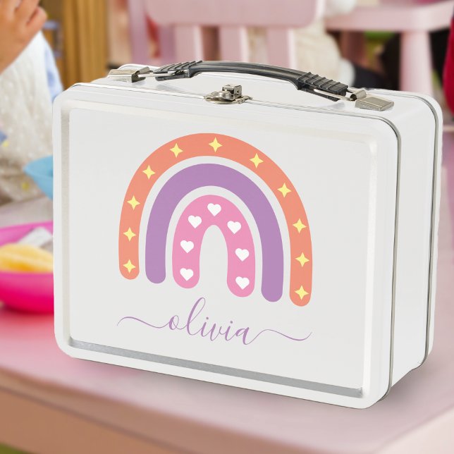 Cute Girls Boho Rainbow Name Metal Lunch Box (purple pink and orange boho rainbow lunchbox)