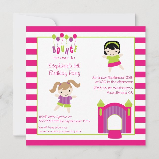 Cute girl's bounce house party birthday invitation (Front)