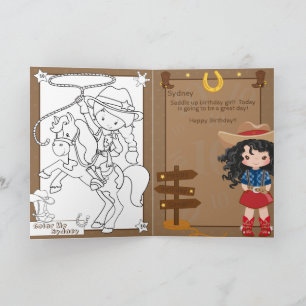 Cute Girls Cowgirl Colouring Page Happy Birthday Card