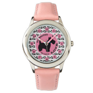 Cute Girls Dog Paw Schnauzer Kids Personalise Name Watch