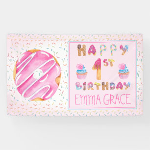Cute Girls Donuts   Cupcakes Happy 1st Birthday Banner