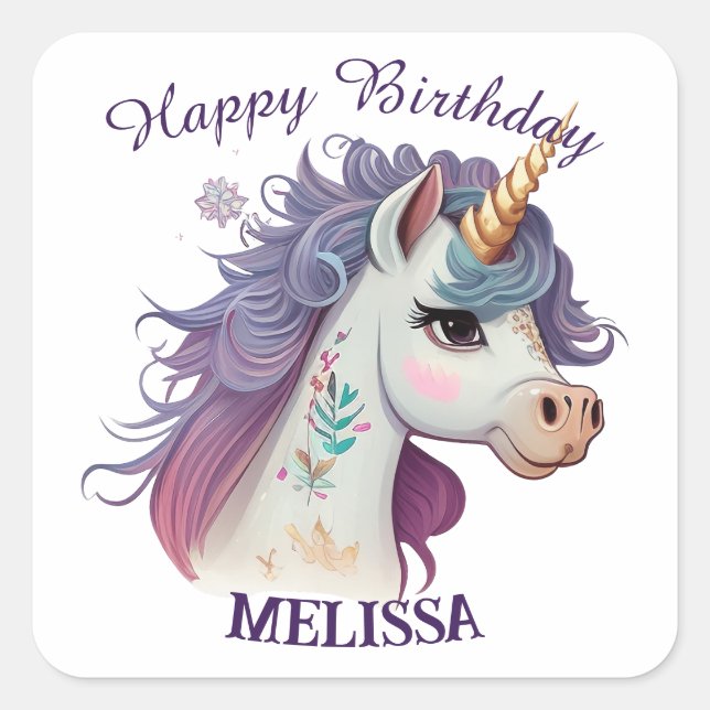 Cute Girls Elegant Purple Magical Unicorn Birthday Square Sticker (Front)