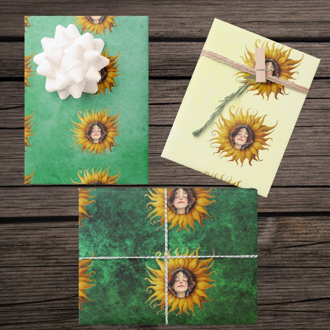 Cute Girls Face Middle of Yellow Sunflower Greens Wrapping Paper Sheet (Cute smiling girls face inside yellow sunflowers on shads of green and yellow gift wrap sheets.)