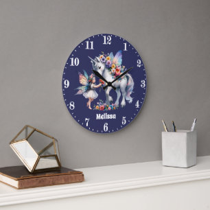 Cute girls fantasy unicorn fairy add name  large clock