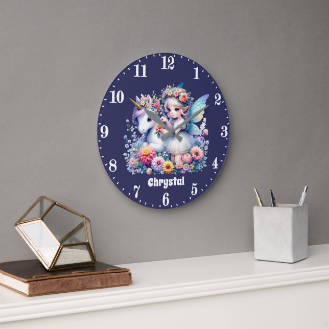 Cute girls fantasy unicorn fairy add name  large clock (Office)
