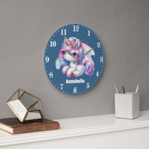 Cute girls fantasy unicorn fairy add name large clock
