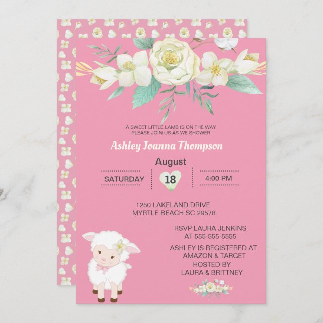 Cute  Girls Floral Lamb  Baby Shower Invitation (Front/Back)