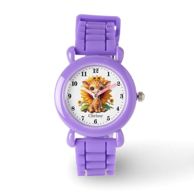 Cute girls giraffe add name watch (Front)