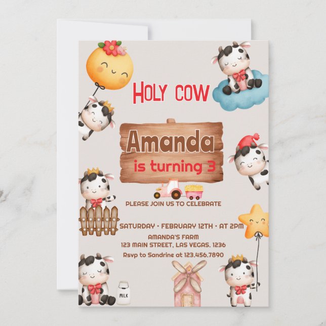 Cute Girls Holy Cow and Cow Print birthday Invitation (Front)