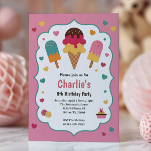 Cute Girls Ice Cream 8th Birthday Party Invitation