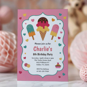 Cute Girls Ice Cream Birthday Party Invitation