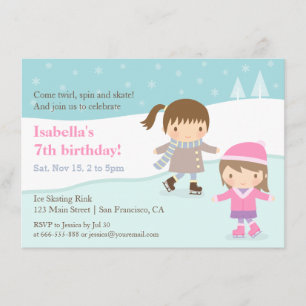 Cute Girls Ice Skating Birthday Party Invitations