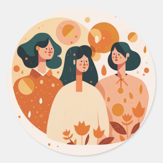Cute girls in orange for Womens day, Mothers Day Classic Round Sticker (Front)