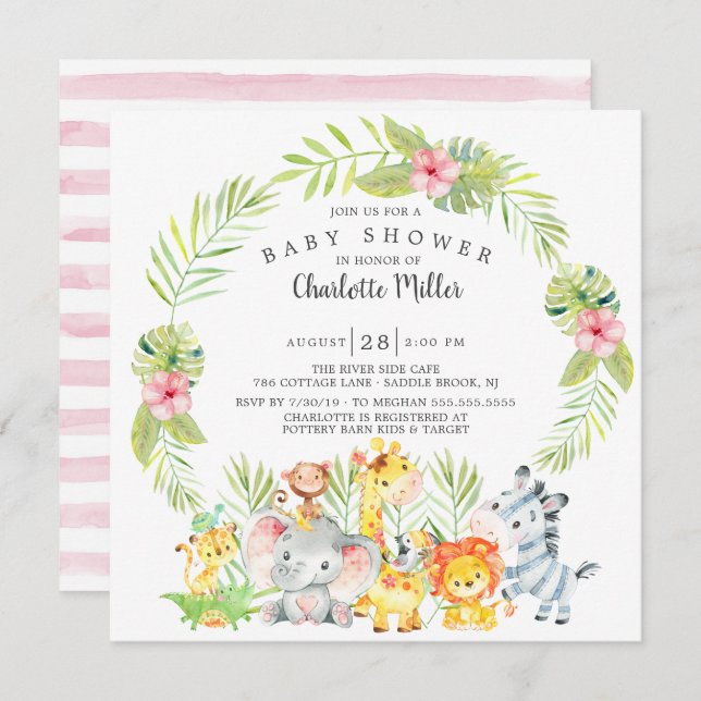 Cute Girls Jungle Animals Baby Shower Invitation (Front/Back)